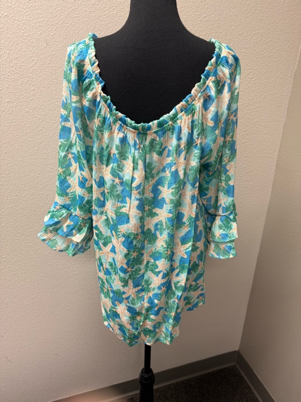 Late August Starfish Boho Peasant Top 2X Beach Coastal Ruffle Sleeve Blue - Picture 5 of 9
